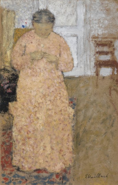 Breiende vrouw in roze jurk door Edouard Vuillard